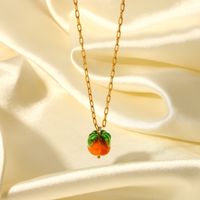 French 18k Gold Stainless Steel Cross Chain Glass Bead Persimmon Pendant Necklace main image 2