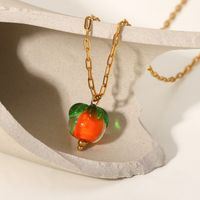 French 18k Gold Stainless Steel Cross Chain Glass Bead Persimmon Pendant Necklace main image 3