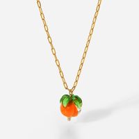 French 18k Gold Stainless Steel Cross Chain Glass Bead Persimmon Pendant Necklace main image 6