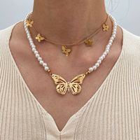New Creative Women's Cute Butterfly Pearl Double Layer Alloy Necklace main image 1