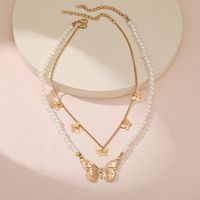 New Creative Women's Cute Butterfly Pearl Double Layer Alloy Necklace main image 3