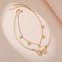 New Creative Women's Cute Butterfly Pearl Double Layer Alloy Necklace main image 4