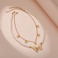 New Creative Women's Cute Butterfly Pearl Double Layer Alloy Necklace main image 5