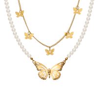 New Creative Women's Cute Butterfly Pearl Double Layer Alloy Necklace main image 6