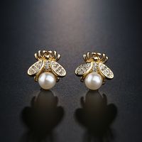 Fashion Inlaid Ziorcon Pearl Cute Bee Copper Stud Earrings Wholesale main image 3