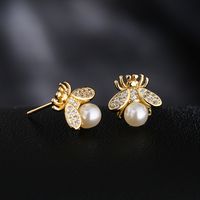 Fashion Inlaid Ziorcon Pearl Cute Bee Copper Stud Earrings Wholesale main image 1