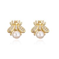 Fashion Inlaid Ziorcon Pearl Cute Bee Copper Stud Earrings Wholesale main image 6