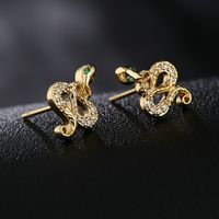 Fashion Retro Copper Zircon Plated 18k Gold Snake Stud Earrings main image 3