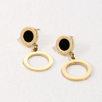 Titanium Steel Fashion Gold Roman Numeral Black Shell Round Earrings sku image 1