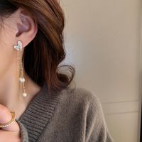 Simple Inlaid Rhinestone Heart Shaped Pearl Tassel Alloy Earrings Wholesale main image 3