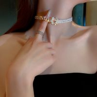 Retro Inlaid Rhinestone Pearl Stitching Choker Necklace Female main image 5