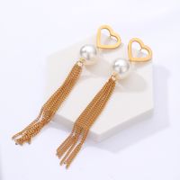 Fashion Stainless Steel Electroplating 18k Gold Heart Pearl Tassel Long Earrings main image 3
