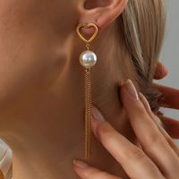 Fashion Stainless Steel Electroplating 18k Gold Heart Pearl Tassel Long Earrings sku image 1