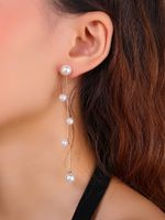 Fashion Large And Small Pearl Tassel Long Line Copper Earrings main image 4
