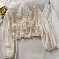 Hollow Crochet Perspective Square Neck Chiffon Long Sleeve Top main image 1