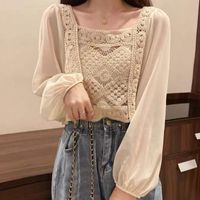 Hollow Crochet Perspective Square Neck Chiffon Long Sleeve Top sku image 1