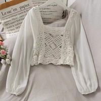 Hollow Crochet Perspective Square Neck Chiffon Long Sleeve Top sku image 2