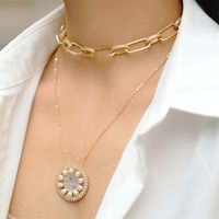 Fashion Mama Round Shell Pearl Pendant Copper Inlaid Zircon Gold-plated Necklace main image 3