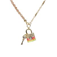 New Copper Gold Plated Multicolor Oil Drip Key Lock Necklace sku image 3
