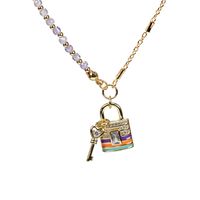 New Copper Gold Plated Multicolor Oil Drip Key Lock Necklace sku image 4