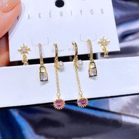 Yakemiyou Fashion Earrings Set Powder Stone Tassel Zircon Lock Copper Earrings main image 2