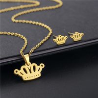 Fashion Simple Crown Pendant Stainless Steel Necklace Earrings Set main image 3