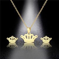 Fashion Simple Crown Pendant Stainless Steel Necklace Earrings Set main image 4