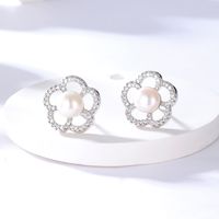 Retro Simple Copper Plating 18k White Gold Inlaid Zircon Natural Freshwater Pearl Earrings sku image 1