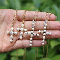 Simple Copper Gold-plated Inlaid Zircon Cross Pearl Pendant Necklace Wholesale main image 2