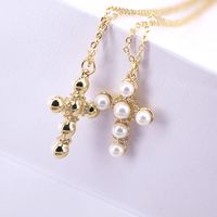 Simple Copper Gold-plated Inlaid Zircon Cross Pearl Pendant Necklace Wholesale main image 5