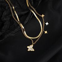 Fashion Double-layered Chain Butterfly Inlaid White Pearl Titanium Steel Clavicle Chain main image 1