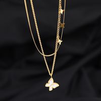 Fashion Double-layered Chain Butterfly Inlaid White Pearl Titanium Steel Clavicle Chain main image 5