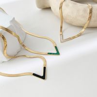Simple Black Shell Green Malachite Snake Bone Chain V-shaped Stainless Steel Necklace main image 3