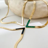 Simple Black Shell Green Malachite Snake Bone Chain V-shaped Stainless Steel Necklace main image 4
