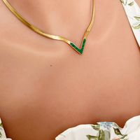 Simple Black Shell Green Malachite Snake Bone Chain V-shaped Stainless Steel Necklace main image 5