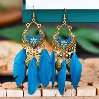 Creative Retro Fan-shaped Oil Drop Small Flower Tassel Feather Long Earrings main image 2