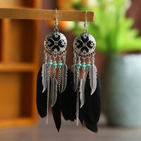 Vintage Exaggerated Round Feather Long Creative Rice Bead Carved Tassel Earrings main image 6