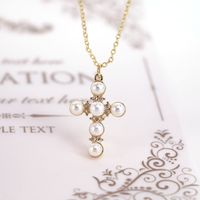 Simple Copper Gold-plated Inlaid Zircon Cross Pearl Pendant Necklace Wholesale sku image 1