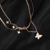 Fashion Double-layered Chain Butterfly Inlaid White Pearl Titanium Steel Clavicle Chain sku image 1