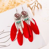 Vintage Exaggerated Round Feather Long Creative Rice Bead Carved Tassel Earrings sku image 1