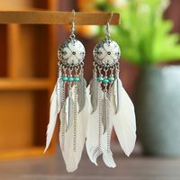 Vintage Exaggerated Round Feather Long Creative Rice Bead Carved Tassel Earrings sku image 2