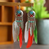 Vintage Exaggerated Round Feather Long Creative Rice Bead Carved Tassel Earrings sku image 3