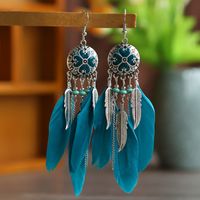 Vintage Exaggerated Round Feather Long Creative Rice Bead Carved Tassel Earrings sku image 4