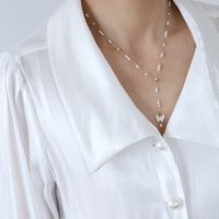 Fashion Butterfly Long Pearl Tassel Titanium Steel 18k Gold Necklace main image 1