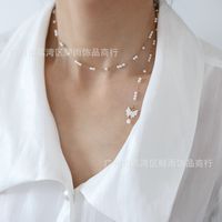 Fashion Butterfly Long Pearl Tassel Titanium Steel 18k Gold Necklace main image 5