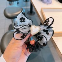 Fashion Retro Organza Flocking Small Flower Bow Rhinestone Hair Ring main image 3