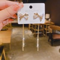 New Zircon Bow Pearl Long Tassel Earrings main image 4