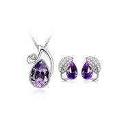 Fashion Water Drop Crystal Necklace Acacia Leaf Earrings Two-piece Set sku image 4
