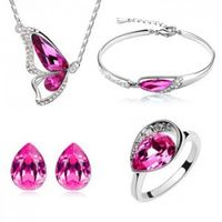Fashion Butterfly Crystal Full Diamond Necklace Ear Stud Ring Bracelet Four-piece Set sku image 1