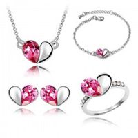 Peach Heart Crystal Pendant Necklace Bracelet Ring Stud Earrings Four-piece Set sku image 2